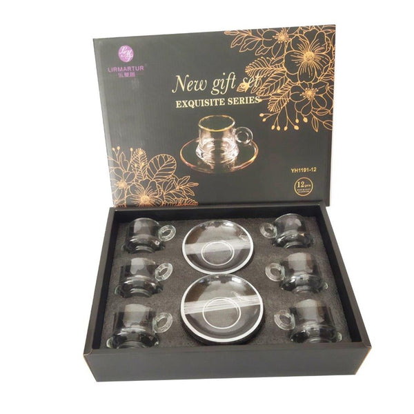 Premium Clear Glass Tea cup with Saucer Set of 6 Pcs 5.8*8.5/11 cm (Ctn Box 8 units)