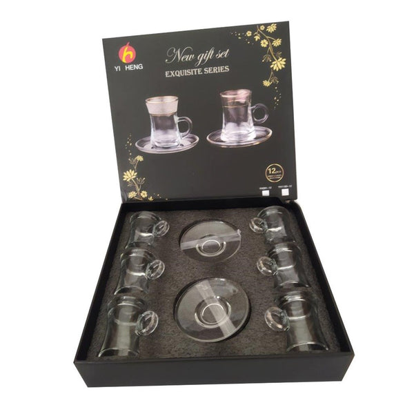 Premium Clear Glass Tea cup with Saucer Set of 6 Pcs 5.5*7.7/11 cm (Ctn Box 8 units)