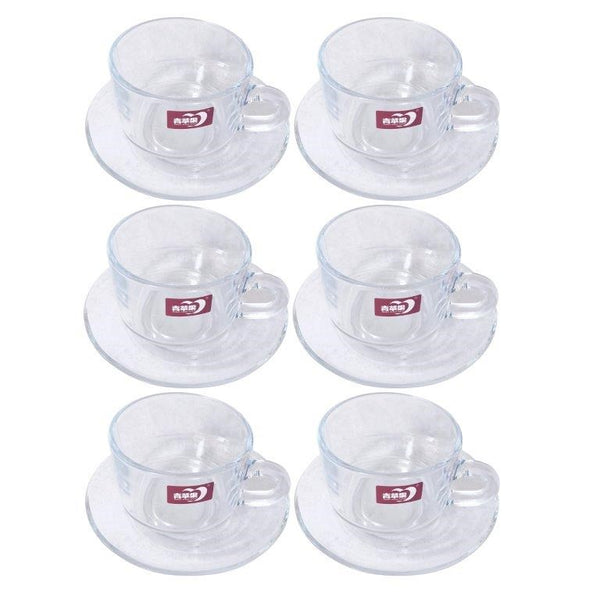 Premium Lead Free Glass Tea Cup with Saucer Set of 6 Pcs 8*6/13 cm (Ctn Box 8 units)