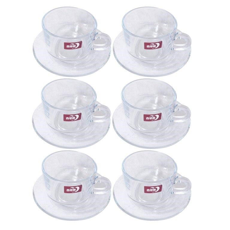 Premium Lead Free Glass Tea Cup with Saucer Set of 6 Pcs 8*6/13 cm (Ctn Box 8 units)