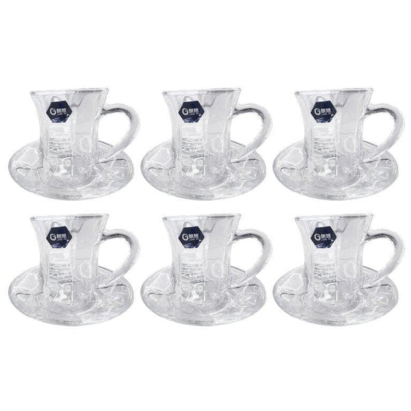 Premium Lead Free Glass Tea Cup and Saucer Set of 12 Pcs 6.5*8.5/12*2.5 cm (Ctn Box 8 units)