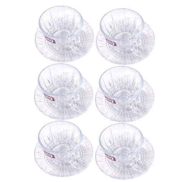 Premium Clear Glass Tea cup with Saucer Set of 6 Pcs 9*6.5/13.5 cm (Ctn Box 8 units)