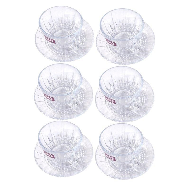 Premium Clear Glass Tea cup with Saucer Set of 6 Pcs 9*6.5/13.5 cm (Ctn Box 8 units)