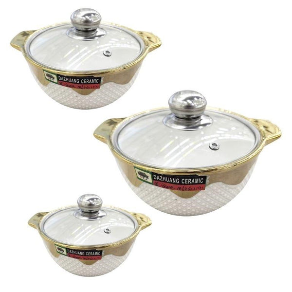 White Ceramic Gold Rim Bowl Fine Porcelain Casserole Set of 3 Pcs 7''+8''+9''  (Ctn Box 8 units)