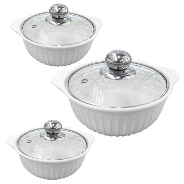 White Ceramic Gold Rim Bowl Fine Porcelain Casserole Set of 3 Pcs 7''+8''+9''  (Ctn Box 8 units)