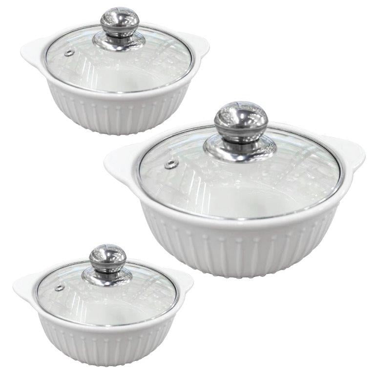 White Ceramic Gold Rim Bowl Fine Porcelain Casserole Set of 3 Pcs 7''+8''+9''  (Ctn Box 8 units)