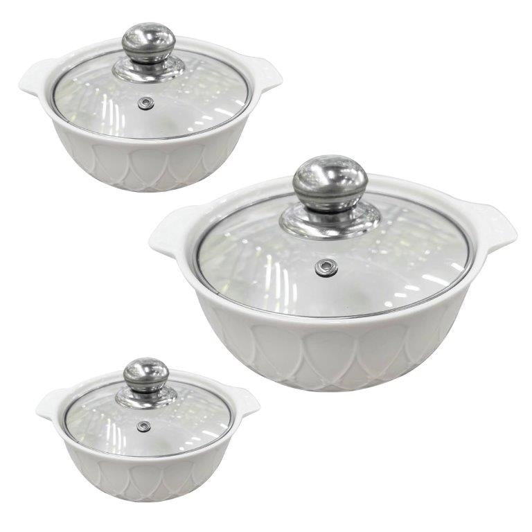 White Ceramic Gold Rim Bowl Fine Porcelain Casserole Set of 3 Pcs 7''+8''+9''  (Ctn Box 8 units)