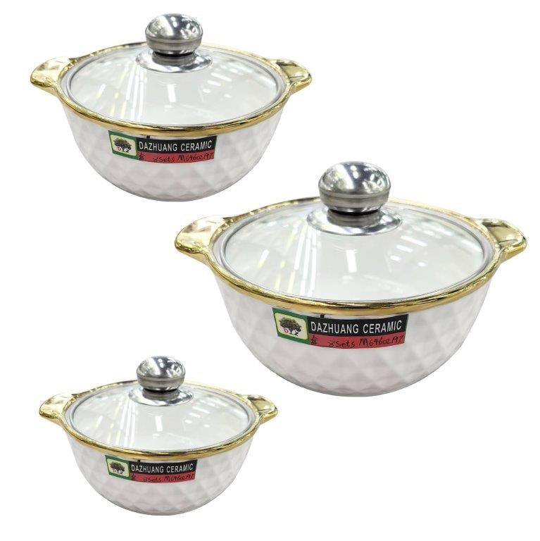 White Ceramic Gold Rim Bowl Fine Porcelain Casserole Set of 3 Pcs 7''+8''+9''  (Ctn Box 8 units)