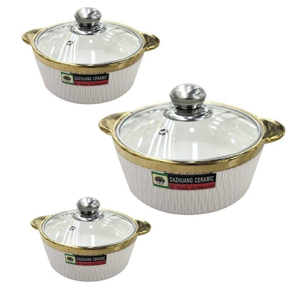 White Ceramic Gold Rim Bowl Fine Porcelain Casserole Set of 3 Pcs 7''+8''+9''  (Ctn Box 8 units)