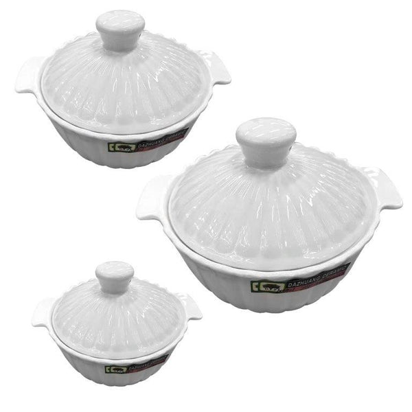 White Ceramic Plain Rim Bowl Fine Porcelain Casserole Set of 3 Pcs 8.5''+10''+12''  (Ctn Box 6 units)