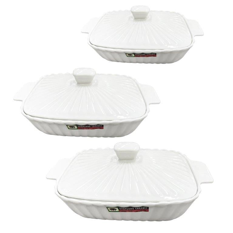 White Ceramic Plain Rim Bowl Fine Porcelain Casserole Set of 3 Pcs 11.5+12.5+13.5''  (Ctn Box 6 units)