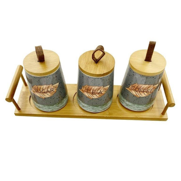 Ceramic Tea Coffee Sugar Canister Set of 3 Pcs with Tray 13*8.5*10.5 cm  (Ctn Box 12 units)