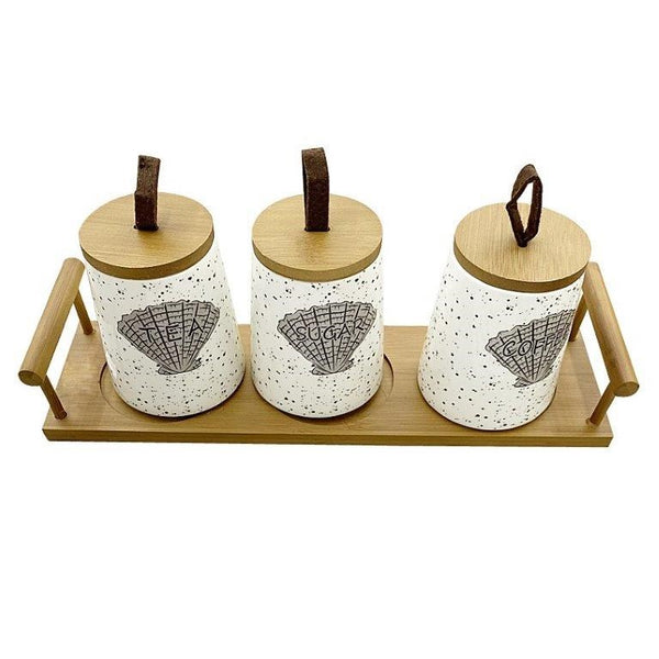 Ceramic Tea Coffee Sugar Canister Set of 3 Pcs with Tray 13*8.5*10.5 cm  (Ctn Box 12 units)