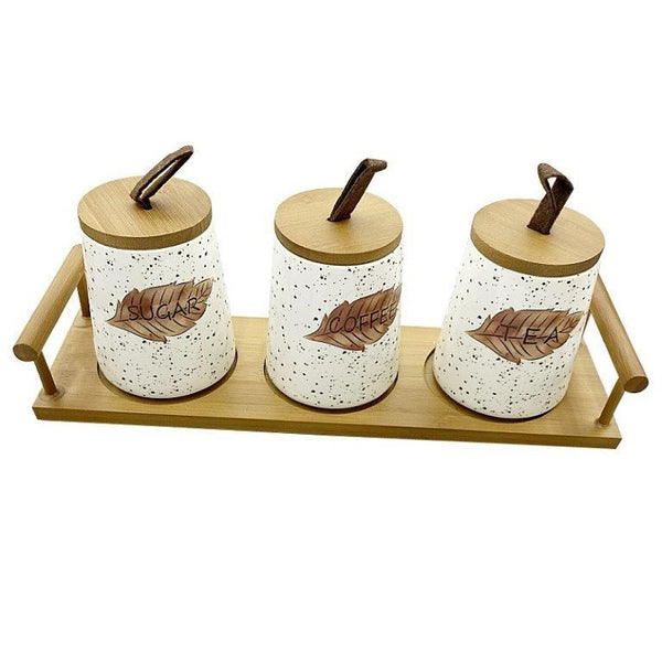 Ceramic Tea Coffee Sugar Canister Set of 3 Pcs with Tray 13*8.5*10.5 cm  (Ctn Box 12 units)