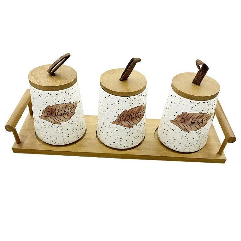 Ceramic Tea Coffee Sugar Canister Set of 3 Pcs with Tray 13*8.5*10.5 cm  (Ctn Box 12 units)