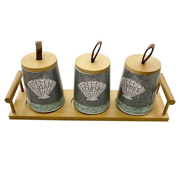 Ceramic Tea Coffee Sugar Canister Set of 3 Pcs with Tray 13*8.5*10.5 cm  (Ctn Box 12 units)