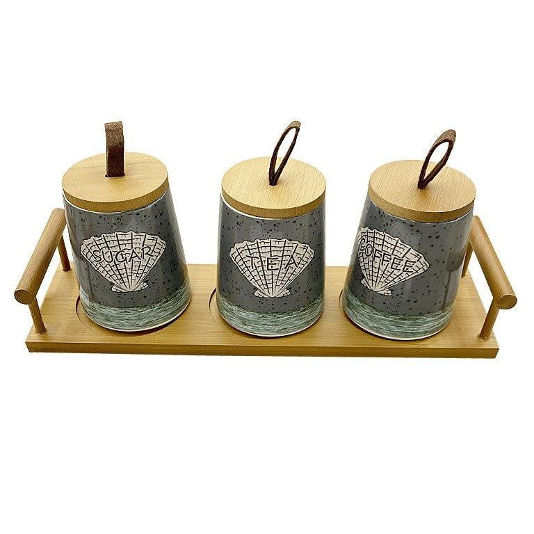 Ceramic Tea Coffee Sugar Canister Set of 3 Pcs with Tray 13*8.5*10.5 cm  (Ctn Box 12 units)