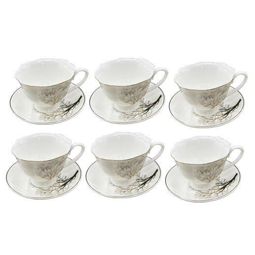 Ceramic Tea Cup and Saucer Set of 6 Pcs Abstract Print 9.5*7/14 cm  (Ctn Box 12 units)