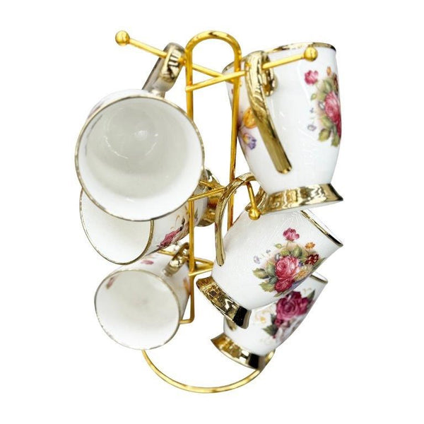 Ceramic Coffee Mug Set of 6 Pcs with Stand Floral Pattern shelf39 cm /8.5*10.5 cm  (Ctn Box 8 units)