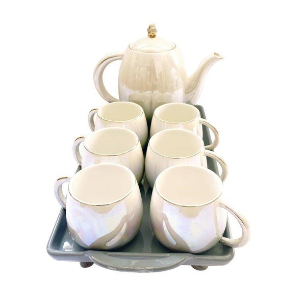 Ceramic Tea Cup with Kettle and Serving Tray Set of 8 Pcs ** 9*7.5/9.5*23.5/30.5*4.5cm  (Ctn Box 8 units)