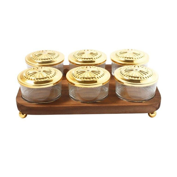 Deco Metal Fruit and Appetizer Jar Set with Wooden Tray 30*20 cm (Ctn Box 12 units)