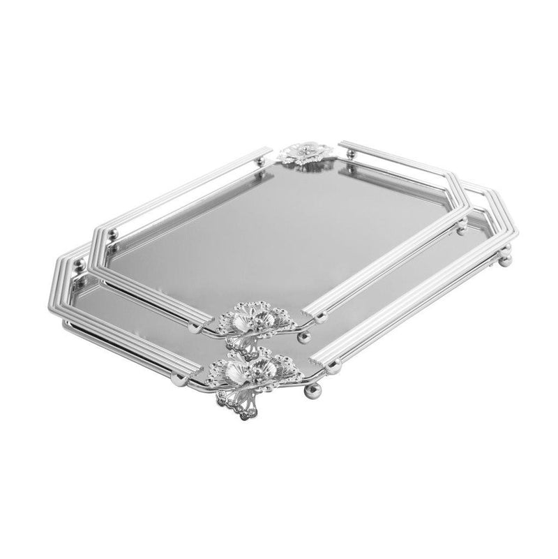 Deco Silver Metal Rectangular Serving Tray Set of 2 Pcs 36*26+41*31 cm (Ctn Box 8 units)