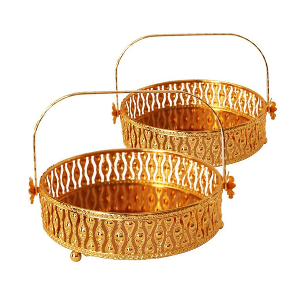 Deco Gold Metal Round Serving Tray Fruit Basket Set of 2 Pcs (Ctn Box 10 units)