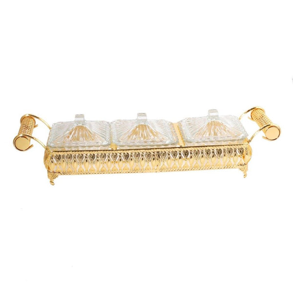 Metal Deco Gold Candy Box Nuts and Chocolates 2 Slot Serving Tray with Lid  47*11.5*10 cm (Ctn Box 8 units)