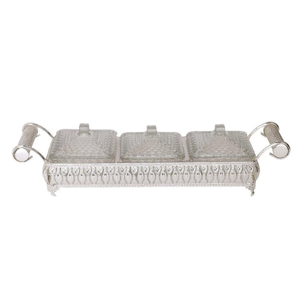 Metal Deco Silver Candy Box Nuts and Chocolates 2 Slot Serving Tray with Lid  47*11.5*10 cm (Ctn Box 8 units)