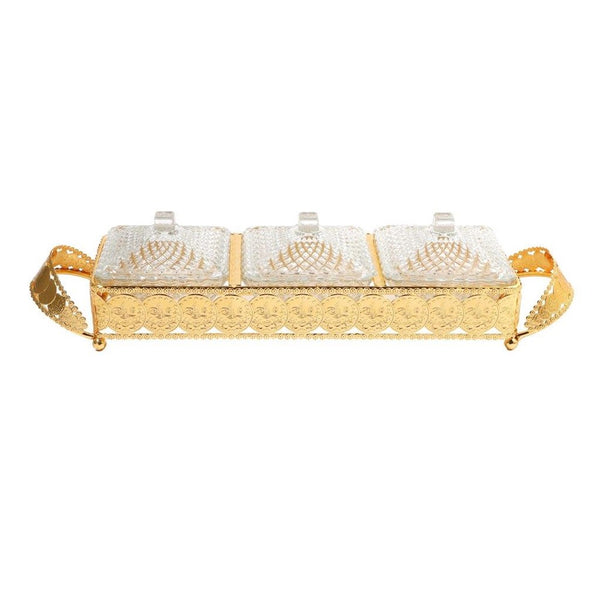 Metal Deco Gold Candy Box Nuts and Chocolates 2 Slot Serving Tray with Lid  47*11.5*10 cm (Ctn Box 8 units)