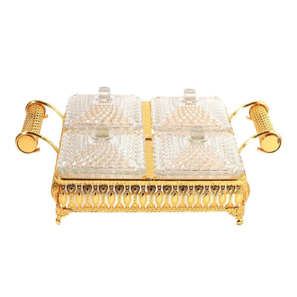 Metal Deco Gold Candy Box Nuts and Chocolates 4 Slot Serving Tray with Lid  35*25*8 cm (Ctn Box 6 units)