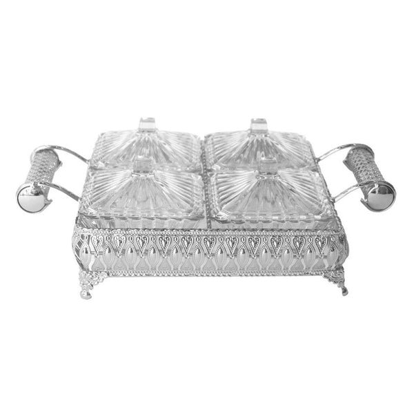 Metal Deco Silver Candy Box Nuts and Chocolates 4 Slot Serving Tray with Lid  35*25*8 cm (Ctn Box 6 units)