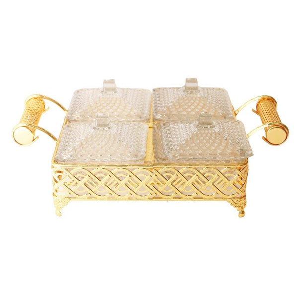 Metal Deco Gold Candy Box Nuts and Chocolates 4 Slot Serving Tray with Lid  35*25*8 cm (Ctn Box 6 units)