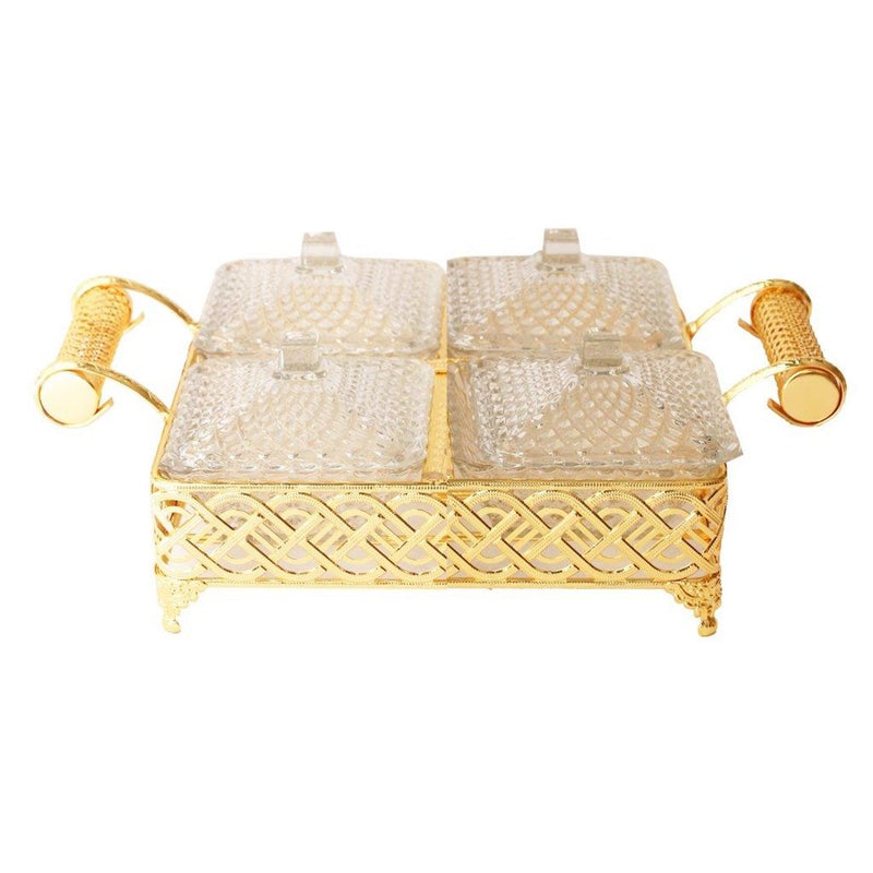 Metal Deco Gold Candy Box Nuts and Chocolates 4 Slot Serving Tray with Lid  35*25*8 cm (Ctn Box 6 units)