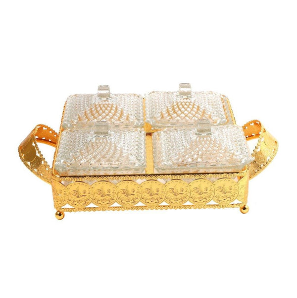 Metal Deco Gold Candy Box Nuts and Chocolates 4 Slot Serving Tray with Lid  35*25*8 cm (Ctn Box 6 units)