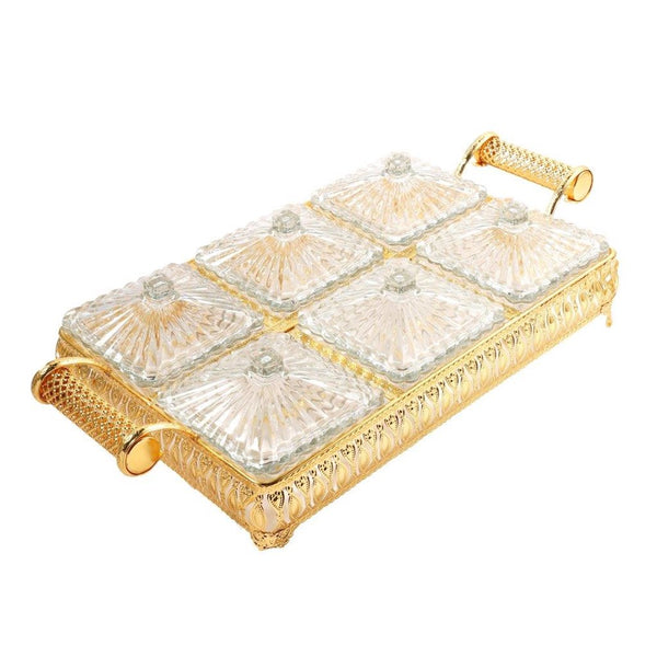 Metal Deco Gold Candy Box Nuts and Chocolates 6 Slot Serving Tray with Lid  47*24*10 cm (Ctn Box 6 units)