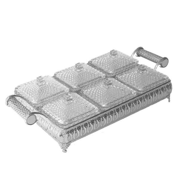 Metal Deco Silver Candy Box Nuts and Chocolates 6 Slot Serving Tray with Lid  47*24*10 cm (Ctn Box 6 units)