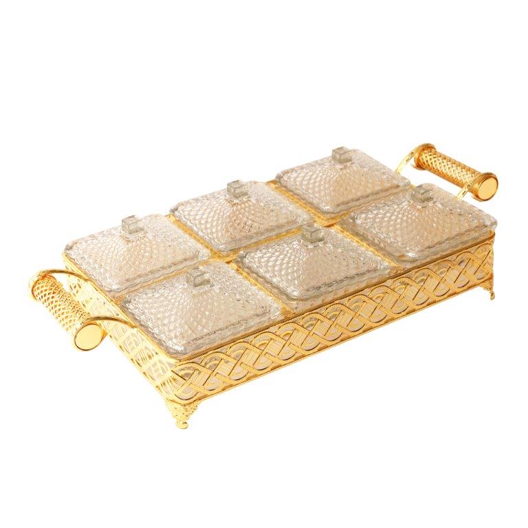 Metal Deco Gold Candy Box Nuts and Chocolates 6 Slot Serving Tray with Lid  47*24*10 cm (Ctn Box 6 units)