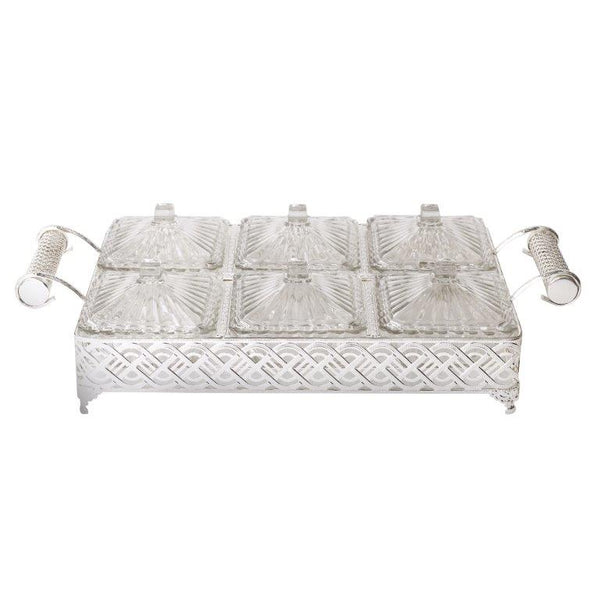 Metal Deco Silver Candy Box Nuts and Chocolates 6 Slot Serving Tray with Lid  47*24*10 cm (Ctn Box 6 units)