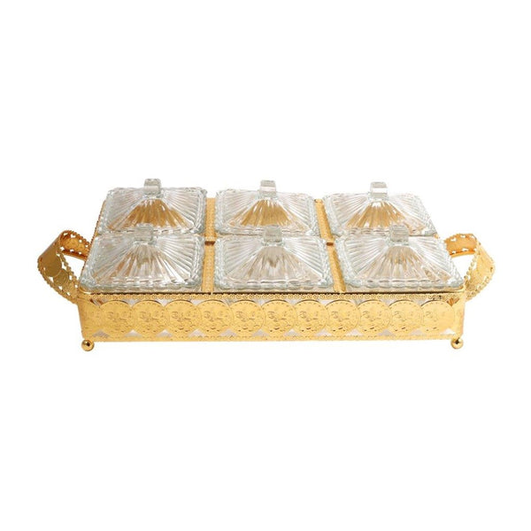 Metal Deco Gold Candy Box Nuts and Chocolates 6 Slot Serving Tray with Lid  47*24*10 cm (Ctn Box 6 units)