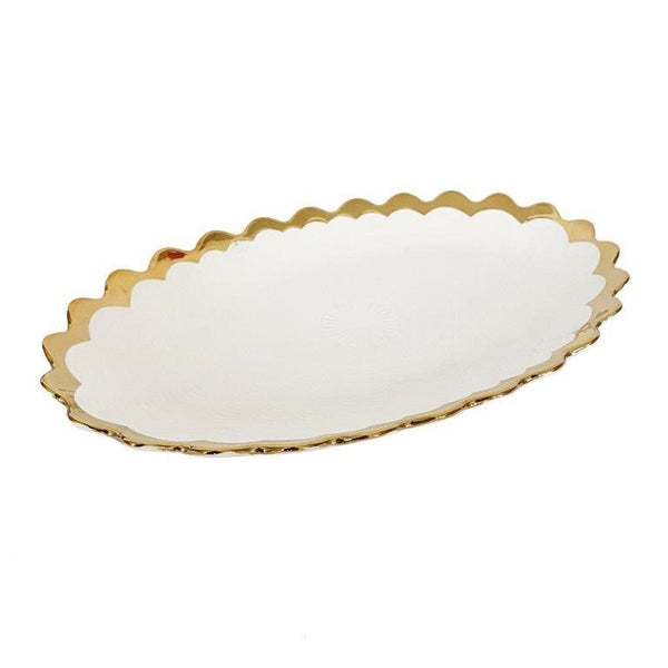 White Ceramic Gold Rim Tableware Oval Serving Dish Bowl 36X21.5X3 cm (Ctn Box 24 units)