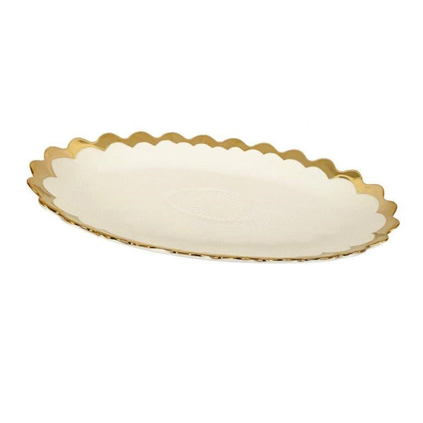 White Ceramic Gold Rim Tableware Oval Serving Dish Bowl 31X18.5X2.5 cm (Ctn Box 36 units)