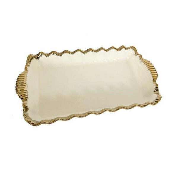 White Ceramic Gold Rim Tableware Rectangular Serving Dish Plate 33*19.5*5.4 cm (Ctn Box 24 units)