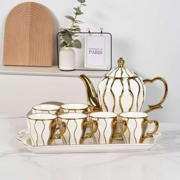 Ceramic Tea Cup with Kettle and Serving Tray Set of 8 Pcs ** 8*9/10*24/40.5*24 cm (Ctn Box 6 units)