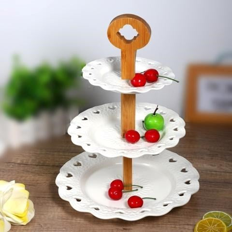 Flower Shaped Ceramic Cake Stand Fruit Platter Stand 3 Tier with Bamboo Stand 6+8+10 inch