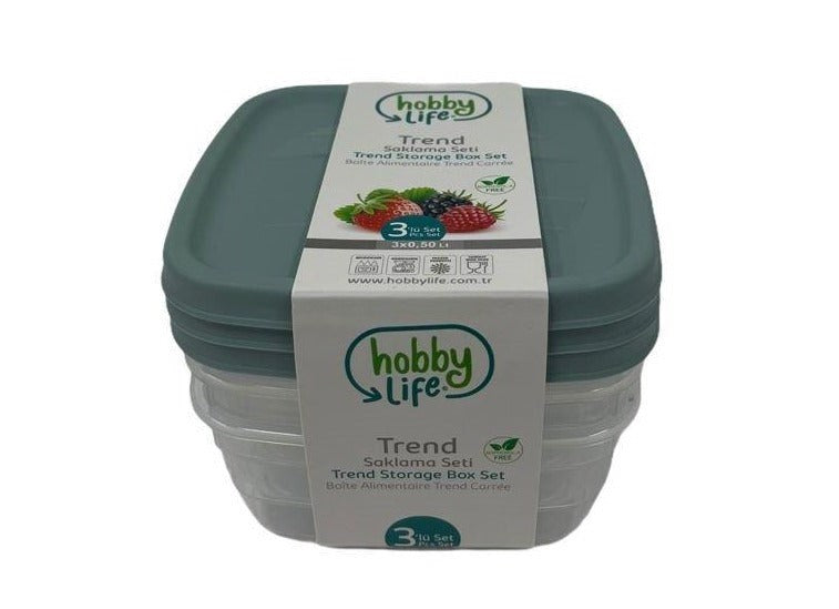 Square Trend Stackable BPA Free Multipurpose Airtight Storage Box Food Container Set of 3 0.5 Litre HB021038 24 Pcs/Ctn