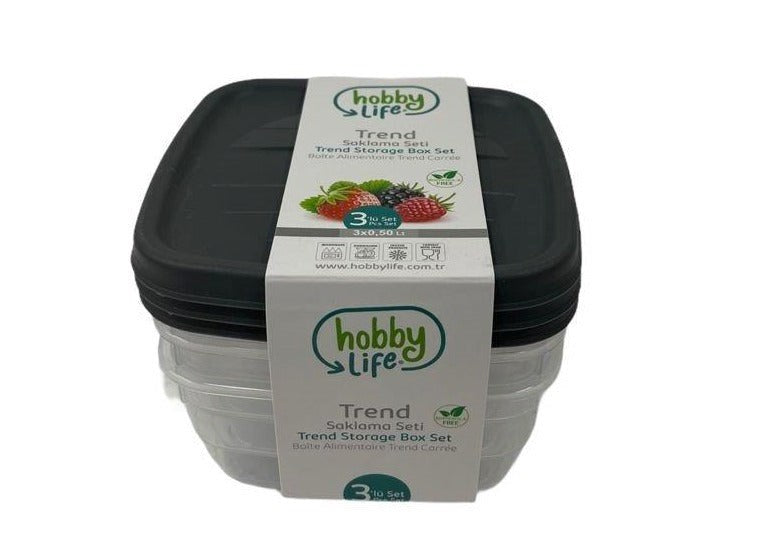 Square Trend Stackable BPA Free Multipurpose Airtight Storage Box Food Container Set of 3 0.5 Litre HB021038 24 Pcs/Ctn