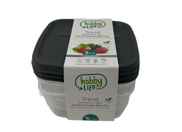 Square Trend Stackable BPA Free Multipurpose Airtight Storage Box Food Container Set of 3 0.5 Litre HB021038 24 Pcs/Ctn