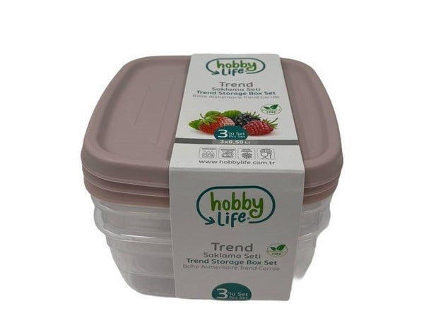 Square Trend Stackable BPA Free Multipurpose Airtight Storage Box Food Container Set of 3 0.5 Litre HB021038 24 Pcs/Ctn