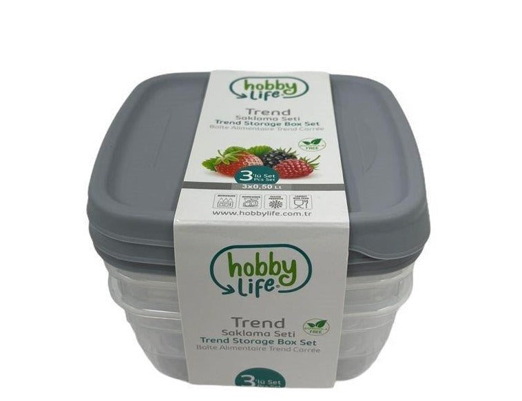 Square Trend Stackable BPA Free Multipurpose Airtight Storage Box Food Container Set of 3 0.5 Litre HB021038 24 Pcs/Ctn